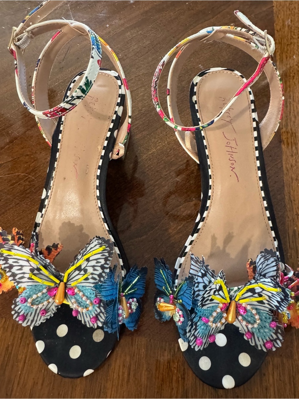 Betsey Johnson Black Polka Dot Sandals with Multicolor Butterfly Embellishments